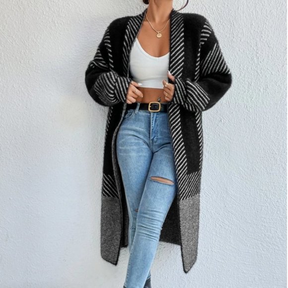 so soft comfy open front striped print fuzzy sweater knit duster cardigan black - Picture 3 of 6